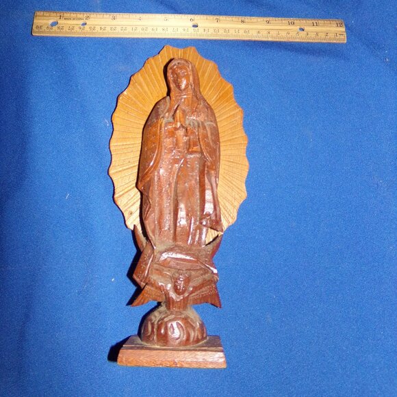 Vintage Carved Wooden Virgin Mary Madonna w/ Jesus Shelf Display Statue Figurine - Picture 4 of 7